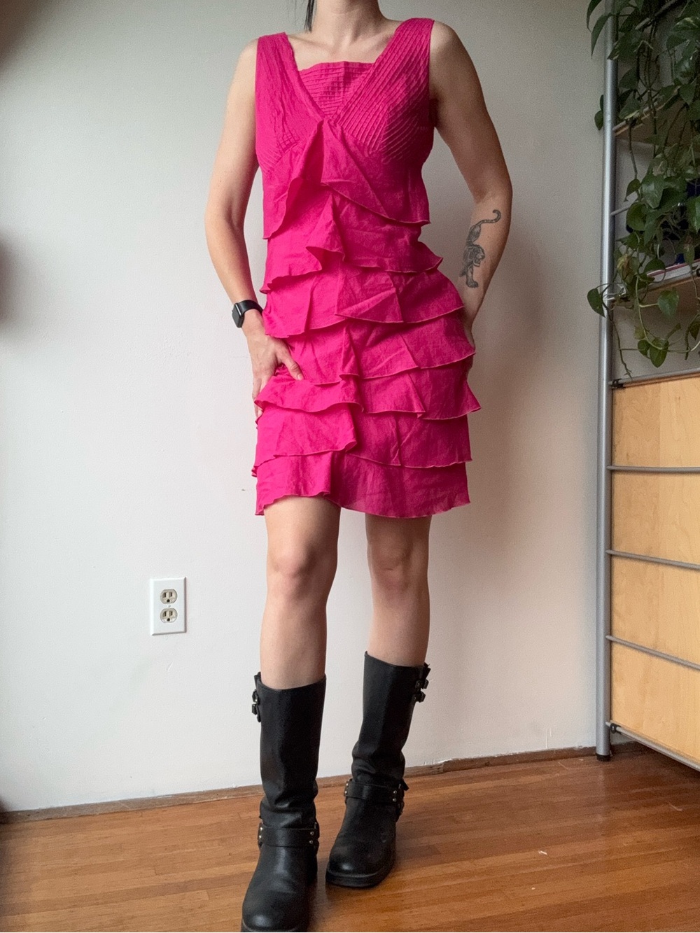 Salma Vintage Hot Pink Ruffle Tier Cotton Dress